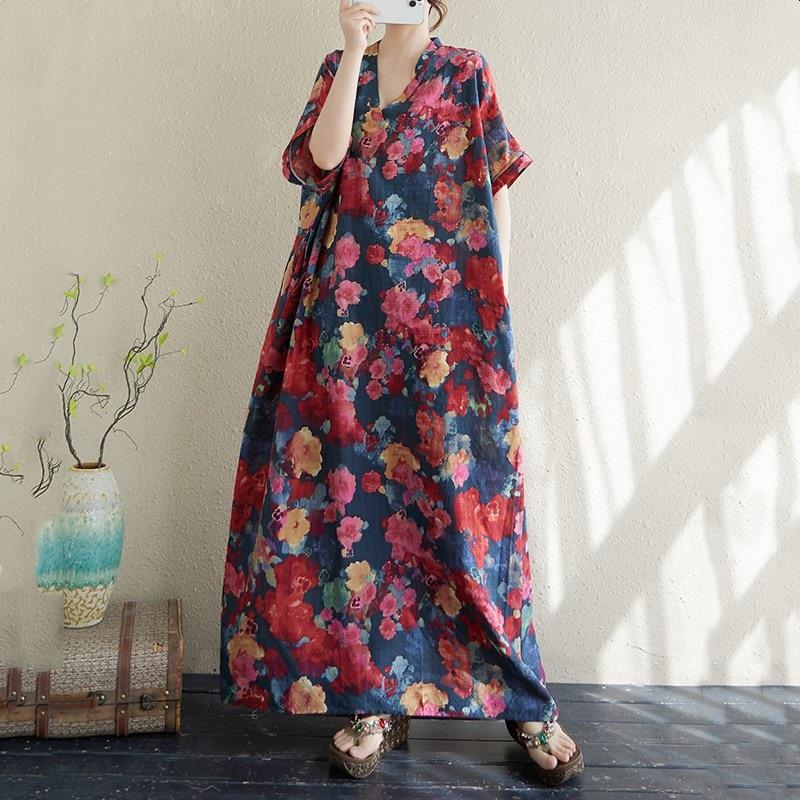 

Короткий рукав Плюс размер Хлопок винтажный горошек новые платья для женщин повседневный свободный макси длинное летнее платье