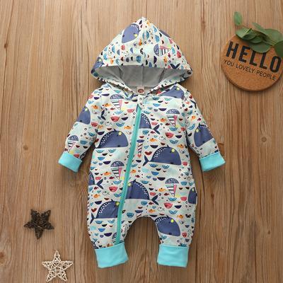 New Baby Clothes Boy Jumpsuit Stylish Cartoon Print Whale Pattern Long Sleeve Cotton Hooded Dress