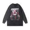 Vintage Washed Cotton Graphic Tee Men Loose Fit Round Neck Long Sleeve Anime Print Casual Top