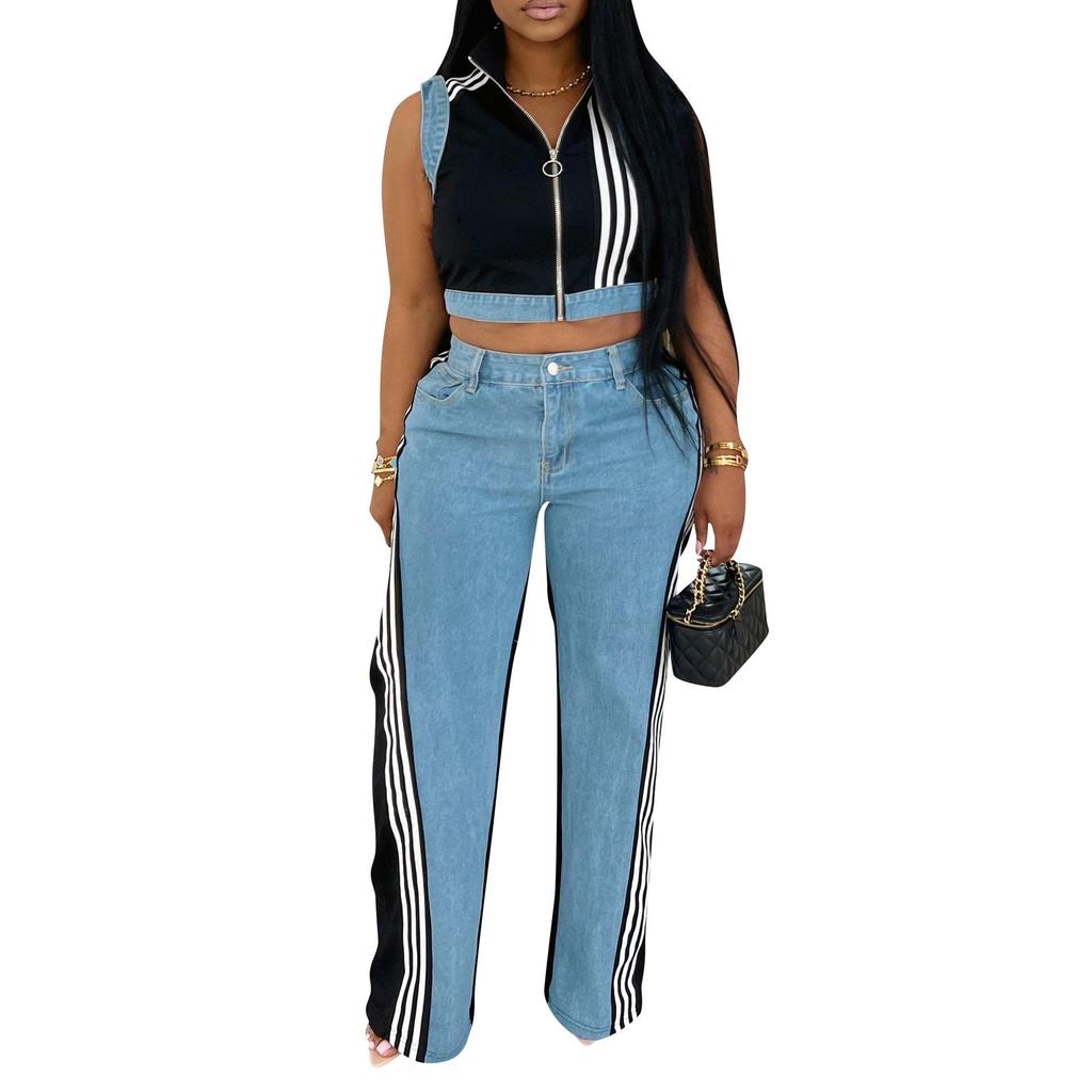 European and American Women's Sleeveless Patchwork Striped Jeans Two-piece Set - Summer Collection