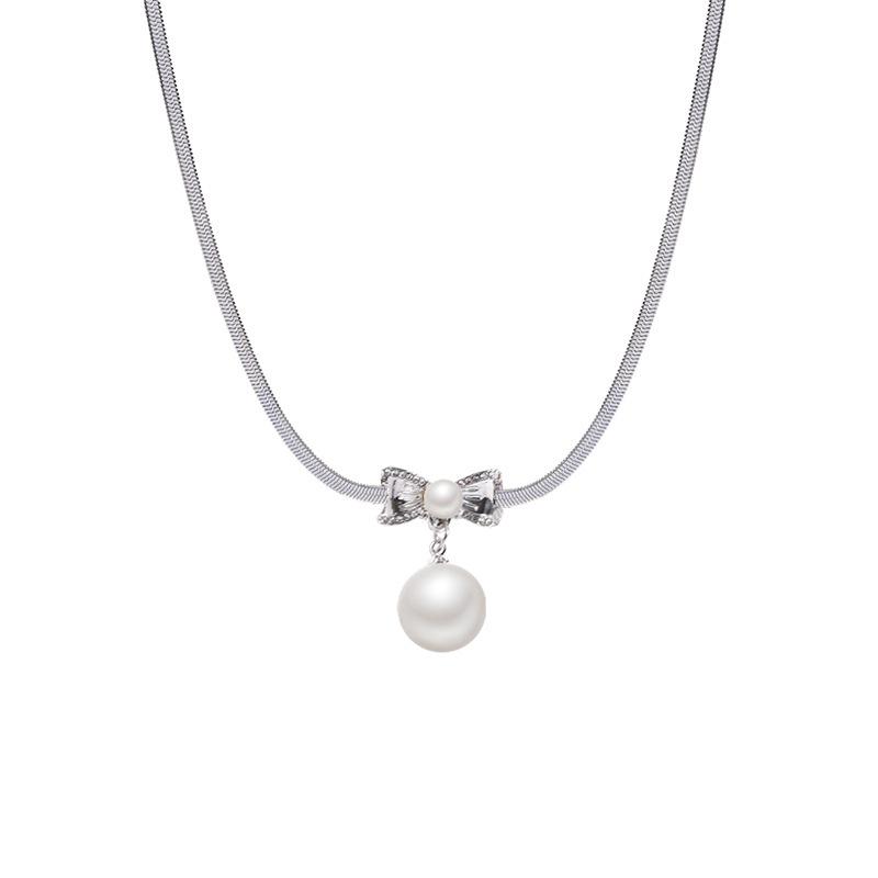 Elegant High-End Necklace Bow Pearl Pendant Female Snake Bone Necklace Niche Design High-End Banquet Jewelry Gift