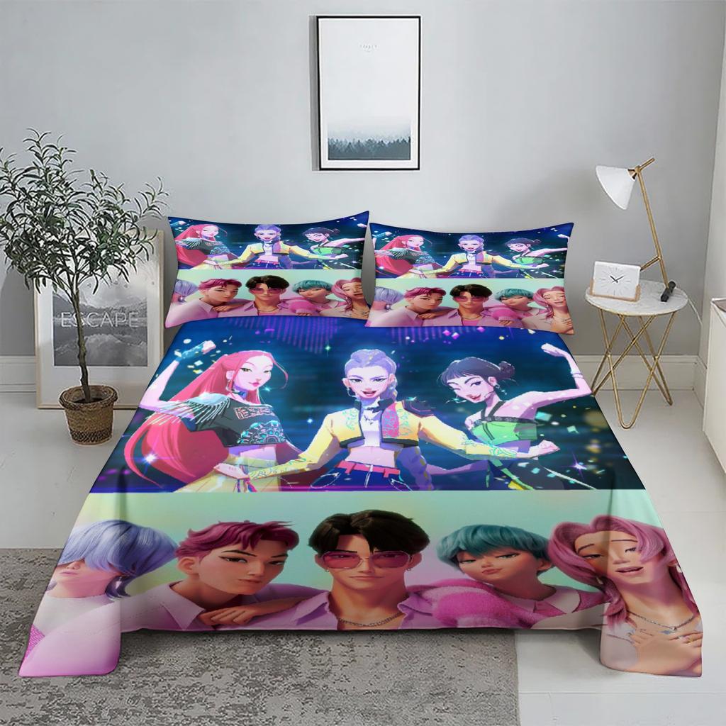 RUMI D-Demon Hunters K-pop Bed Sheet Set 3D Printed Bed Flat Sheet With Pillowcase Bed Linen King Queen Size