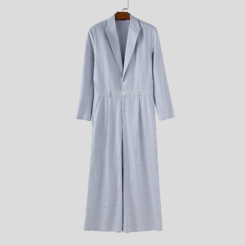 INCERUN Oversized Men Lapel Neck Long Sleeve Striped Loose Long Rompers Jumpsuits