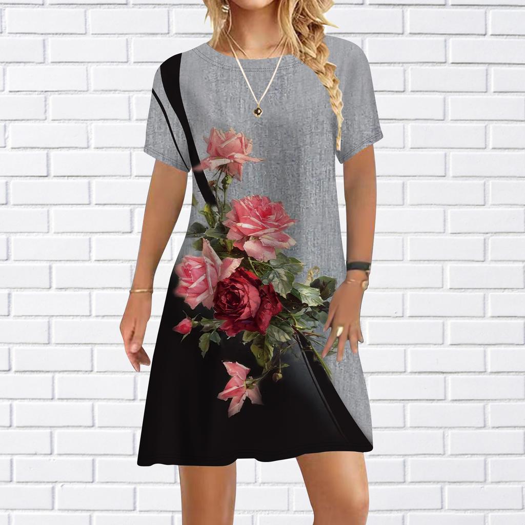 Damen Freizeitkleid Sommer Rosa Pflaumenblüten-Print Kleider für Damen O-Ausschnitt Kurzarmkleid Übergröße