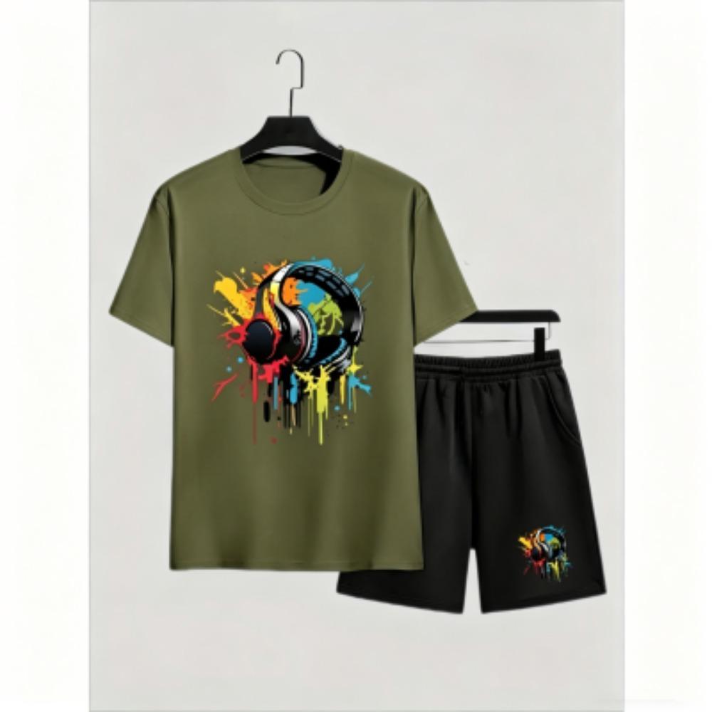 Fashion Men's T-shirt Shorts Set Color Headphones Printed Short Sleeve Tops Shorts 2pcs Summer Men Women's Outdoor Casual T-shirt Sets
