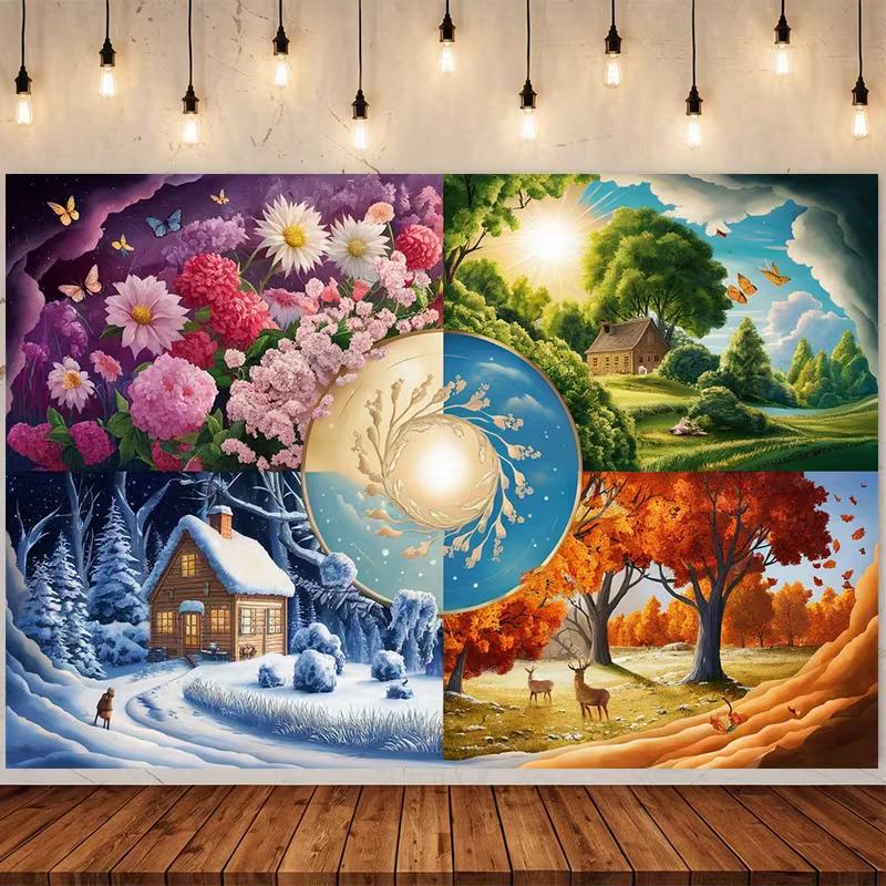 

2D Four Season Forest Tapestry, Spring Daisy Winter Deer Scenery Wall Hanging 47.2x31.5inch/120*80cm