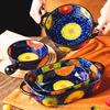 Creative Hand-painted Relief Handle Ceramic Baking Pan Bowl Cheese Baked Rice Tableware Binaural Oven