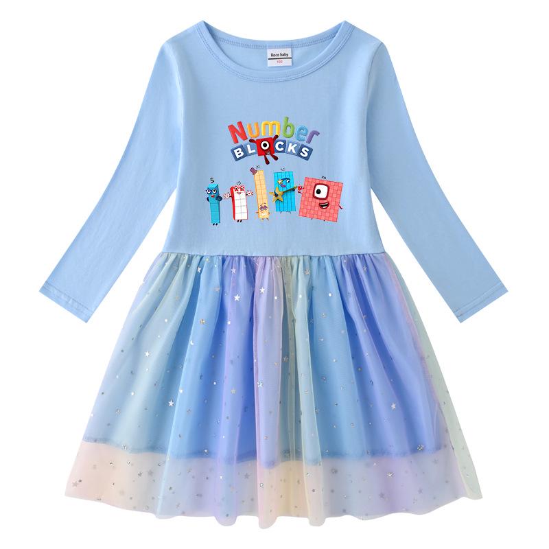Korean Style Children's Princess Dress - Short/Long Sleeve with Stars, Rainbow Sequins, and Mesh Pleats for Spring, Summer, and Autumn