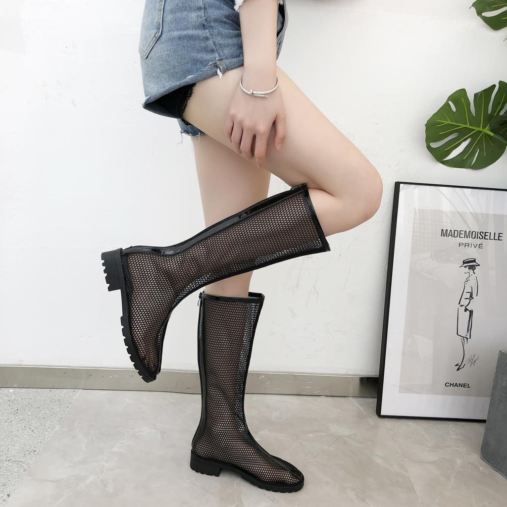 Fashion No Inner Cool Boots Summer New Round Head Mesh Breathable Back Zipper Anti-slip Wear-resistant Square Heel Mid-calf Boots