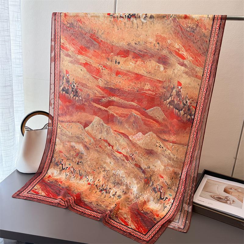 Camel Bell Dream Print Cut Flower Spring And Summer Silk Scarf Large Long Scarf High Sense Travel Shawl Sun Protection Women'S Scarf Headscarf