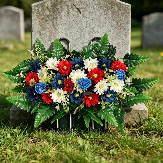 Kunstig Mors Dag Blomst til Kirkegård UV-bestandig Rød Hvid Blå Patriotisk Vildblomster Buket til Veterans Dag Gravsted Gravsten Dekoration