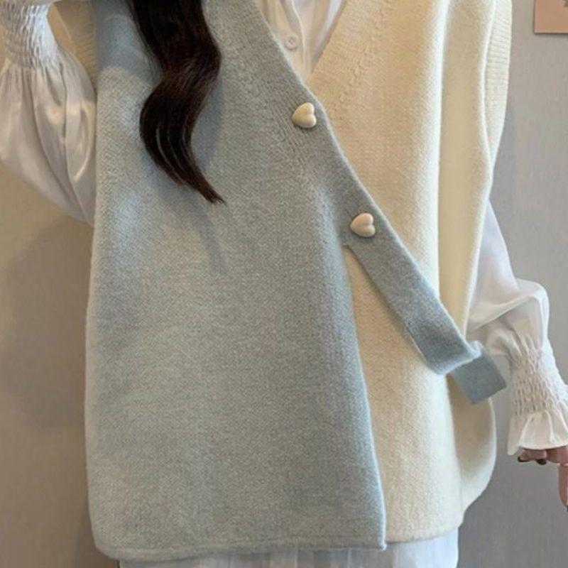 Women Irregular Contrasting Vest Sweaters Korean Gentle V-neck Female Knitted Sweater Autumn Casual Pullover Ladies Top