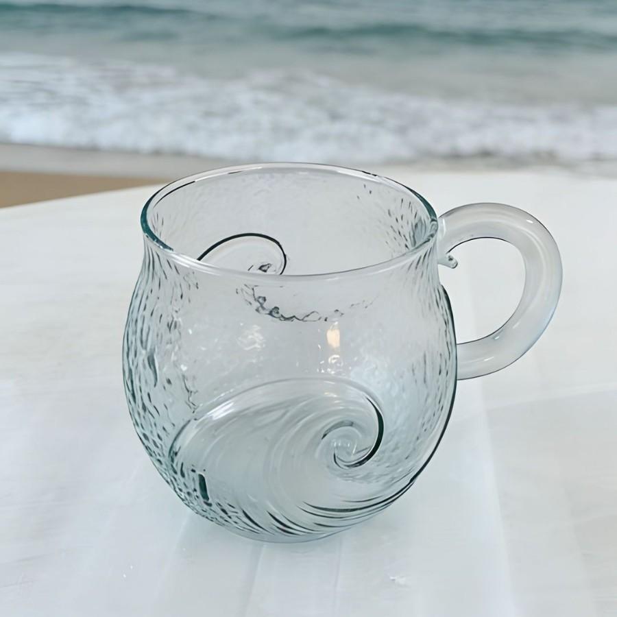 Cute Sea Stlyle 3D Wave Grain Glass Mug Coffee Milk Juice Glass Cup Heat-resistant BorosSunset Mug desktop decoration Glass Cup