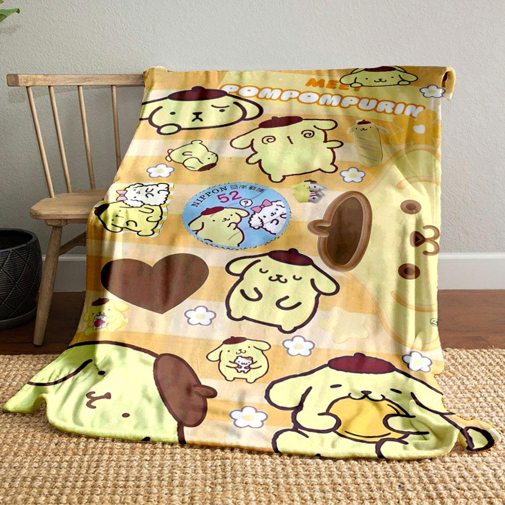 Yellow cartoon dog with brown beret surrounded by hearts and flowers. for all seasons blanket lunch break throw gift