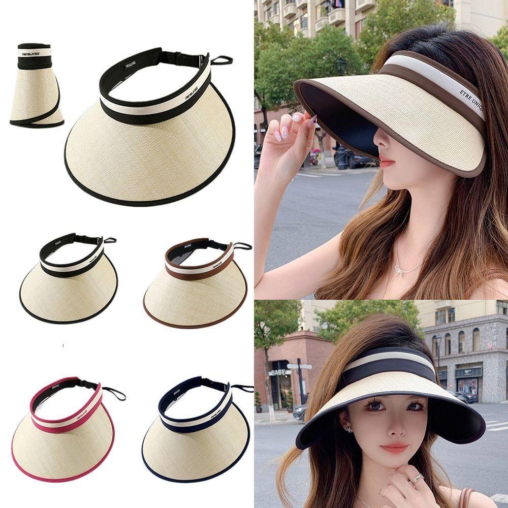 UV-Schutz Stroh Strandhut Breiter Rand Sonnenschutzhut Damen Mode Leerer Oberteilhut Damen