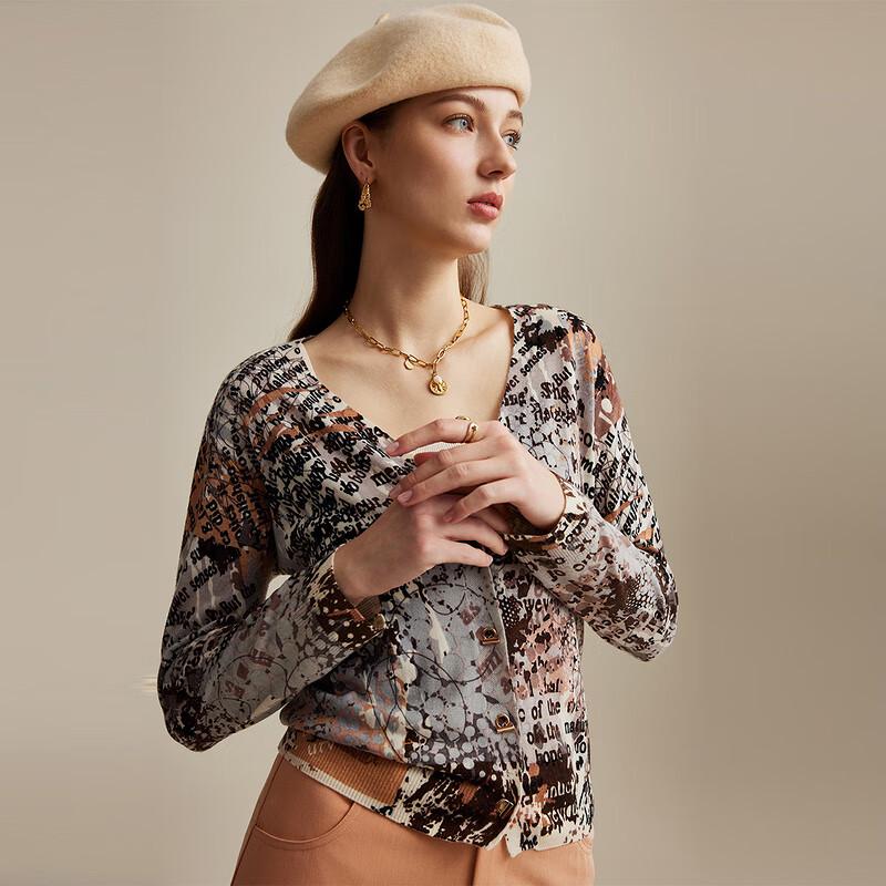 Zhaojun Women's Floral V-Neck Worsted Wool Cardigan