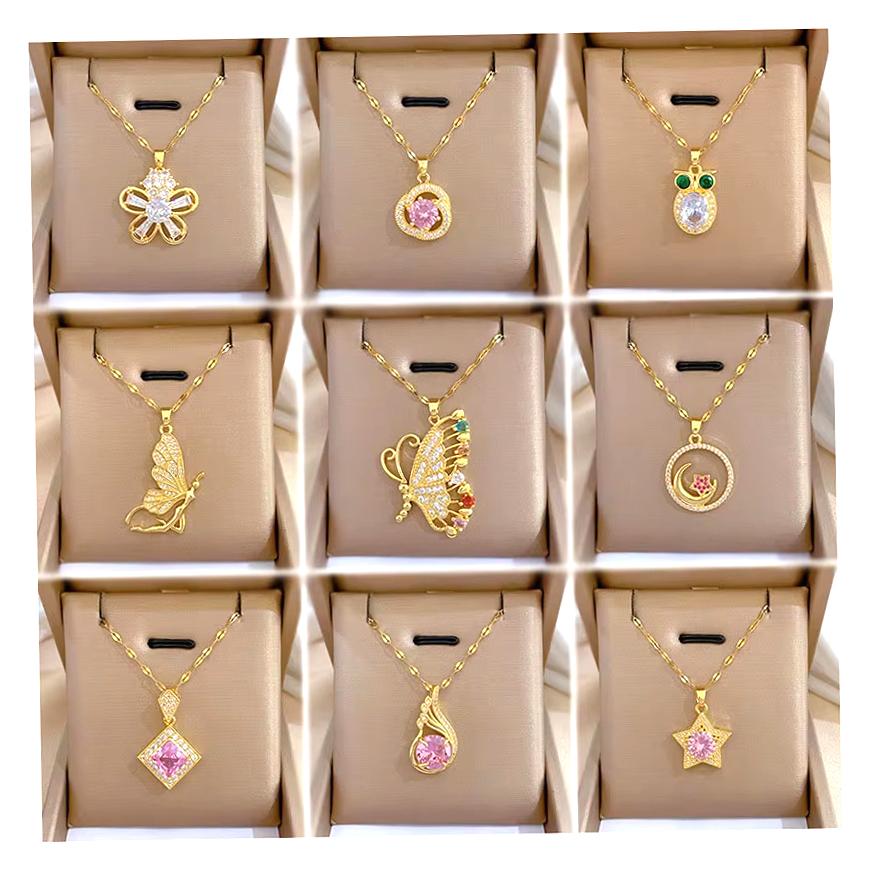 Fashion Stainless Steel Butterfly Heart Pendant Necklace Luxury Full Diamond Women's Necklace Party Jewelry Accessories