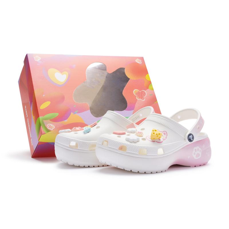 Crocs Classic Platform Clog 811 Made Meow Brand Cake Kitten Cream Cake Hole Shoes Women's White