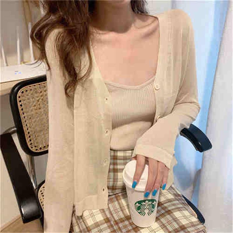 Módní letní pletené sluneční tričko Nové dámské ležérní kardigany s dlouhým rukávem V výstřih Tenký top Jednobarevné Jednoduché Elegantní halenky 3668