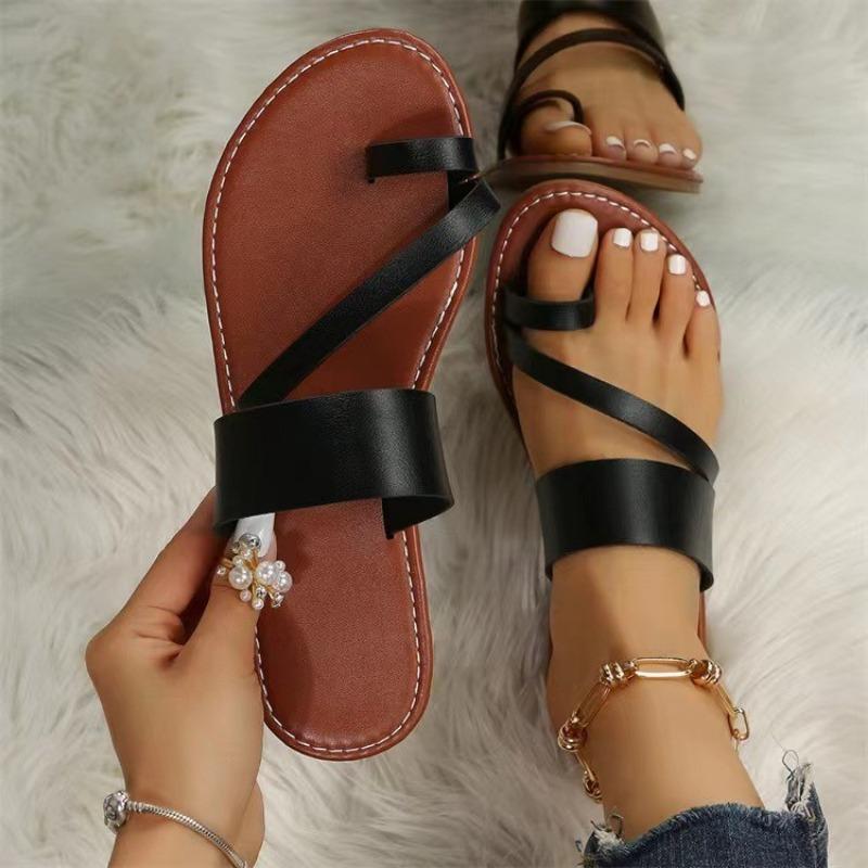 Fashion Womens Sandals Flip Flop Sandals One Button Light Casual Rubber Sole Sandals Flat Slipper  With A Single Strap Toe Strap