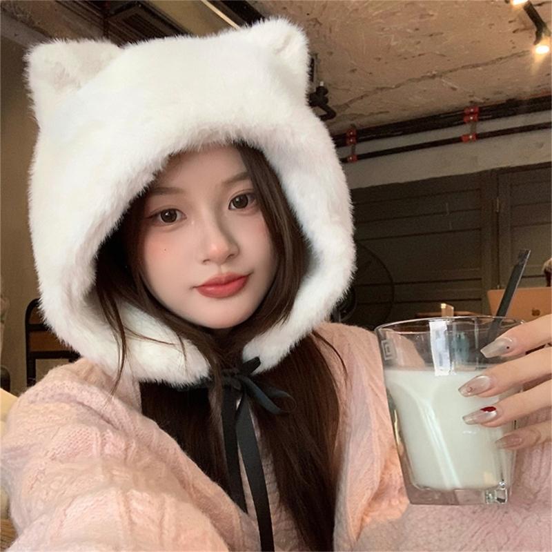 Furry Cartoon Head Cover with Ear for Outdoor Sports Furry Hat with Ear Oversized Headgear Hat for Winter