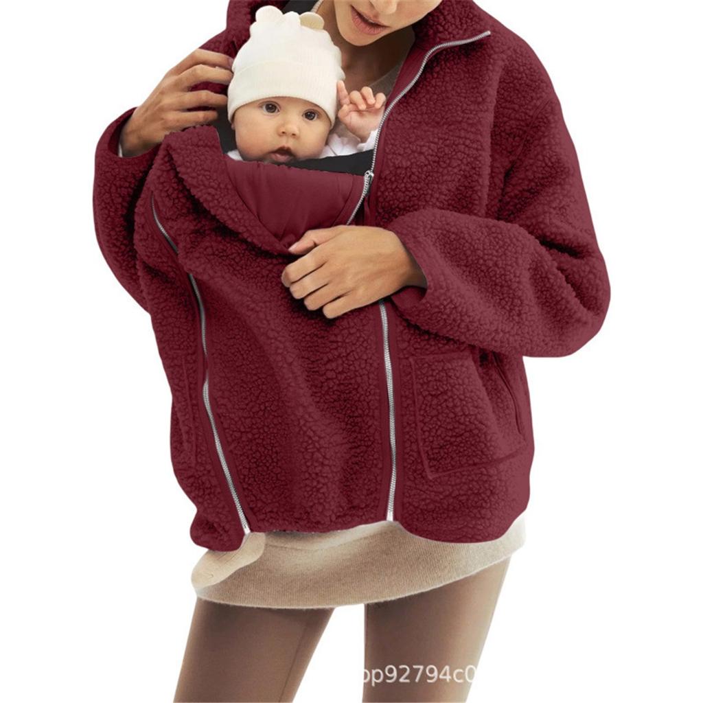 Women Maternity Fleece Hooded Jacket Zip‑Up Multifunctional Baby Carrier Coat Warm Parent‑Baby Outerwear Autumn Winter