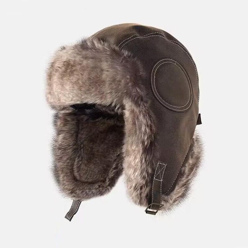 Winter Fleece-Lined Leather Aviator Hat Men Women Warm Windproof Outdoor Biker Ear Protection Cap