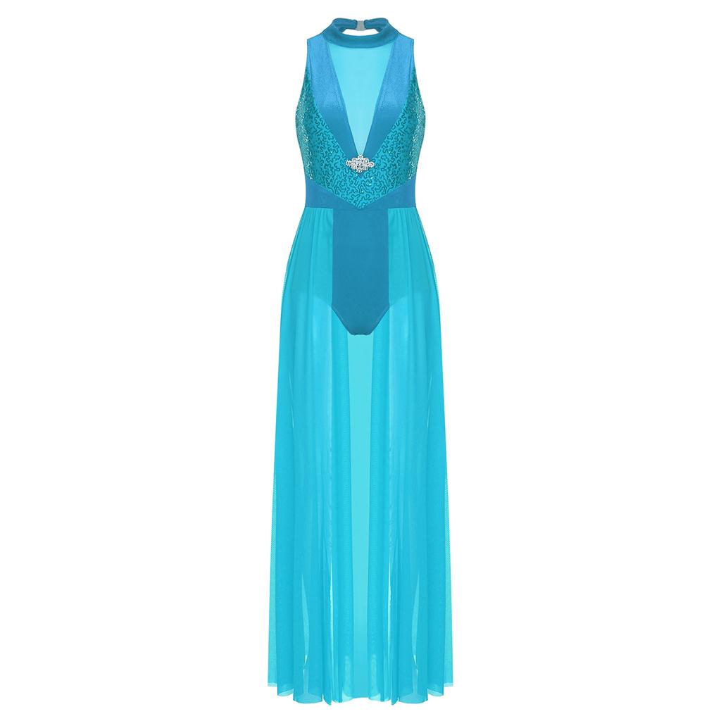 Women Lyrical Dance Leotard Dress Modern Contemporary Costume Sequins Halter Sleeveless Long Flowy Maxi Dress