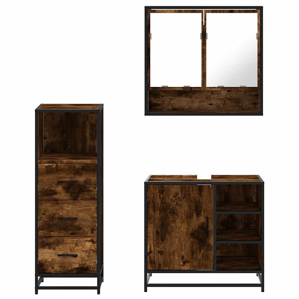3 Piece Bathroom Furniture Set In Smoked Oak Wood Based Material
