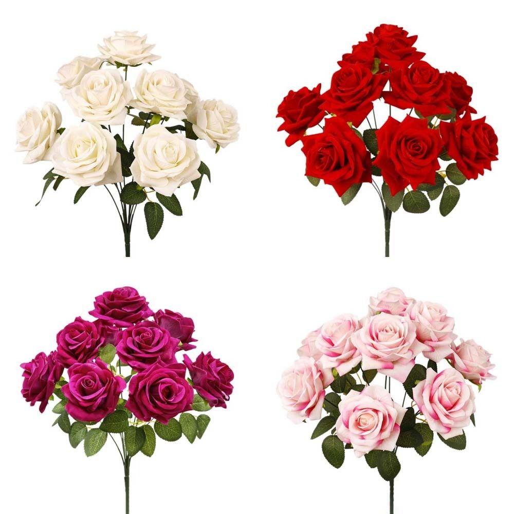 9 Head Artificial Rose Flower Green Leaves Faux Rose Flower Branch  Home Living Room Decor