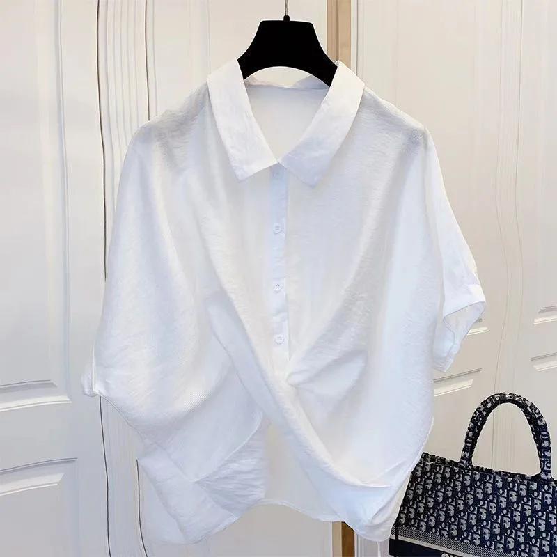 Camicia Asimmetrica Larga Estiva da Donna Stile Coreano: Design Snellente Taglie Forti per Abbigliamento da Lavoro