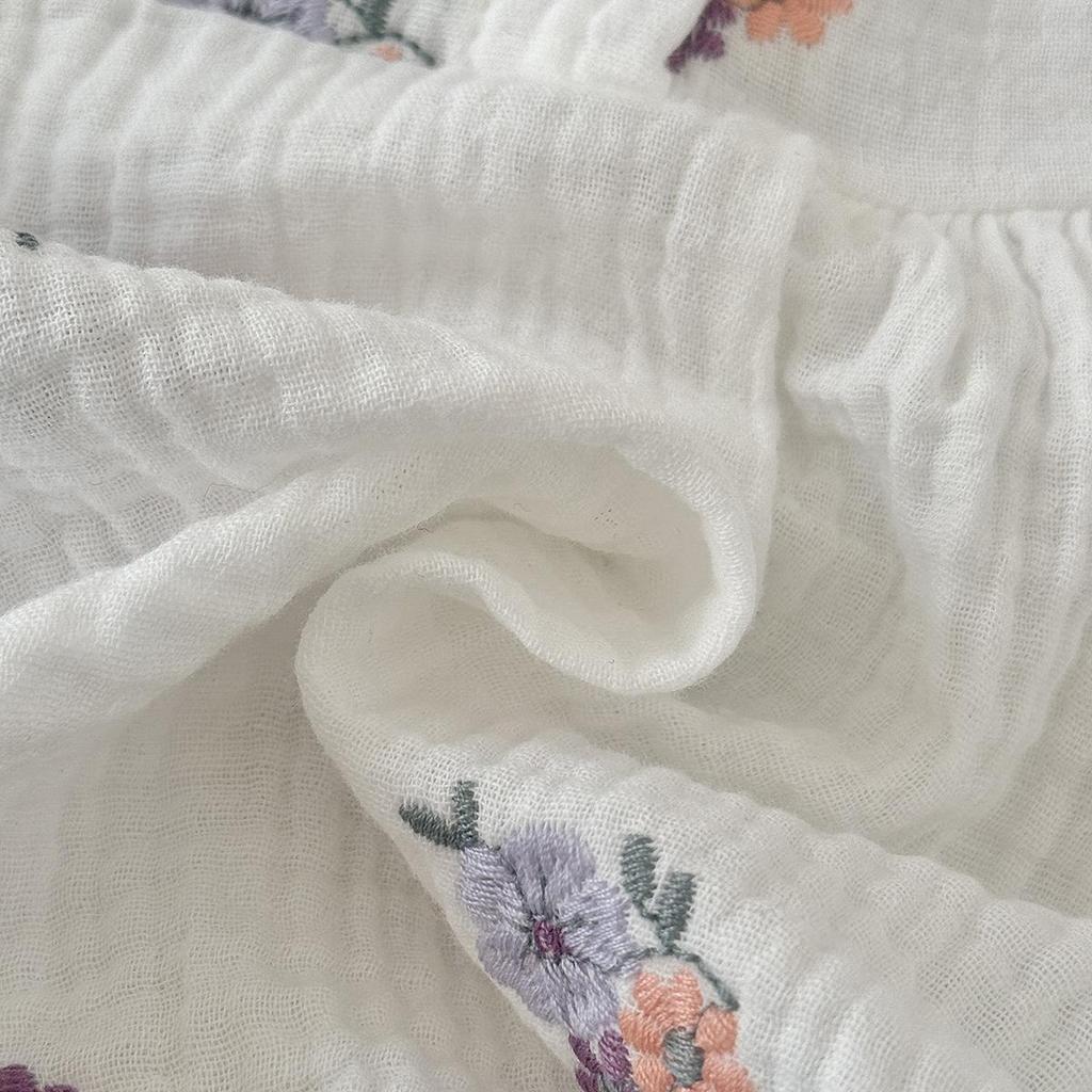 Korean-Style Girls' Summer Bodysuit with Purple Floral Embroidery