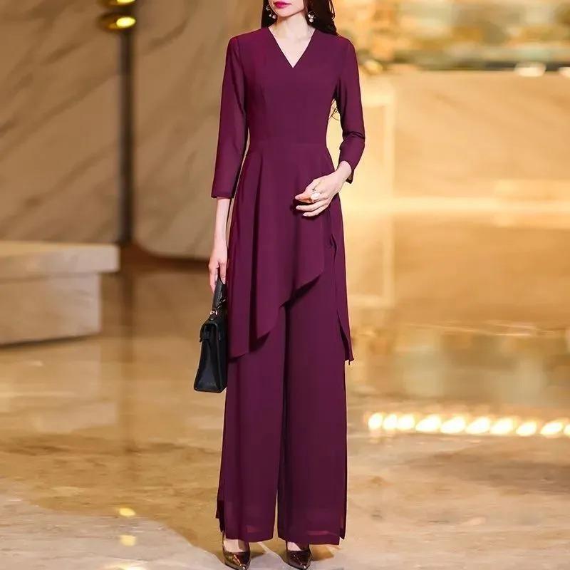 

New Autumn Fashion High-end Temperament Waist Slimming Two-piece Chiffon Loose Elegant Casual Wide-leg Suit L фіолетовий