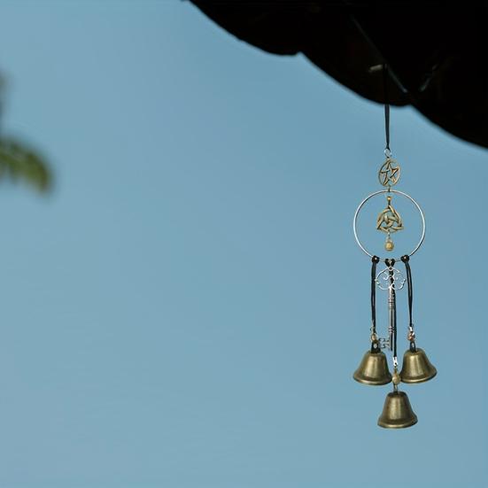 Garden Fence Bell Ornament Witchy Door Handle Hanging Ornament, Handmade Vintage Metal Wind Chime with Negative Energy Cleansing Hemp Rope, Decorative