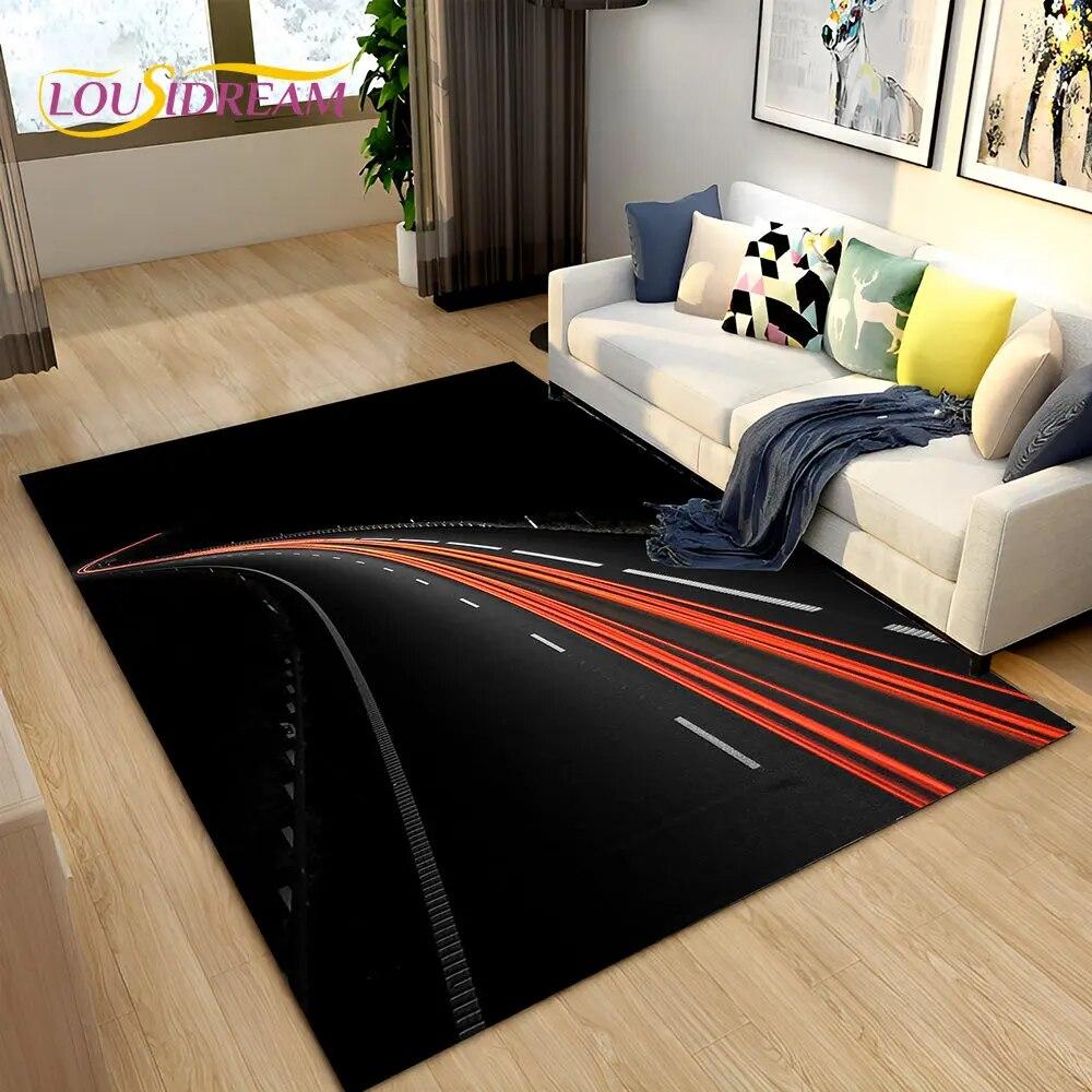 3D Neon Expressway Track Road Area Rug Large,Carpet Rug for Home Living Room Bedroom Sofa Doormat Decor,Kids Non-slip Floor Mat