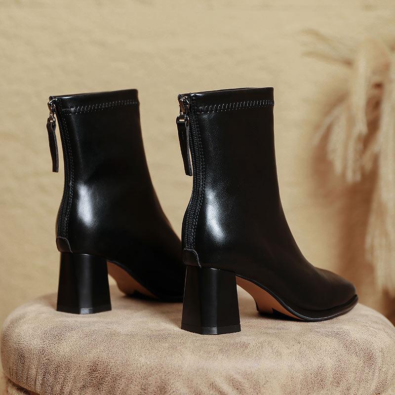 High-heeled short boots women's 2025 new autumn and winter mid-tube fashion boots square head thick heel thin boots brown French short boots