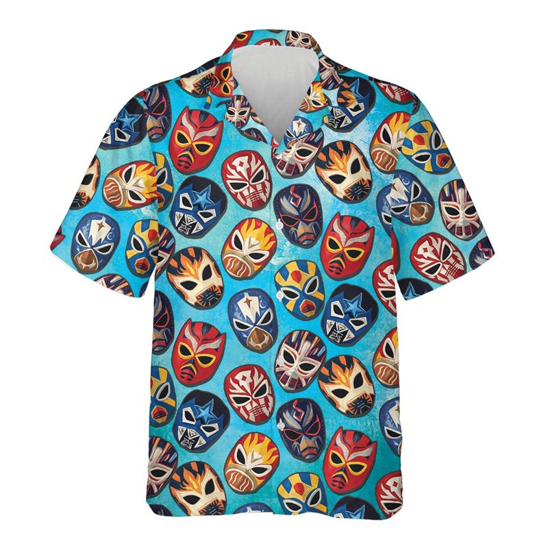 Maglietta da uomo con stampa 3D Maschera da wrestling messicana Lucha Libre Manica corta Collo a revers Top Estiva Street Camicie Hawaiane