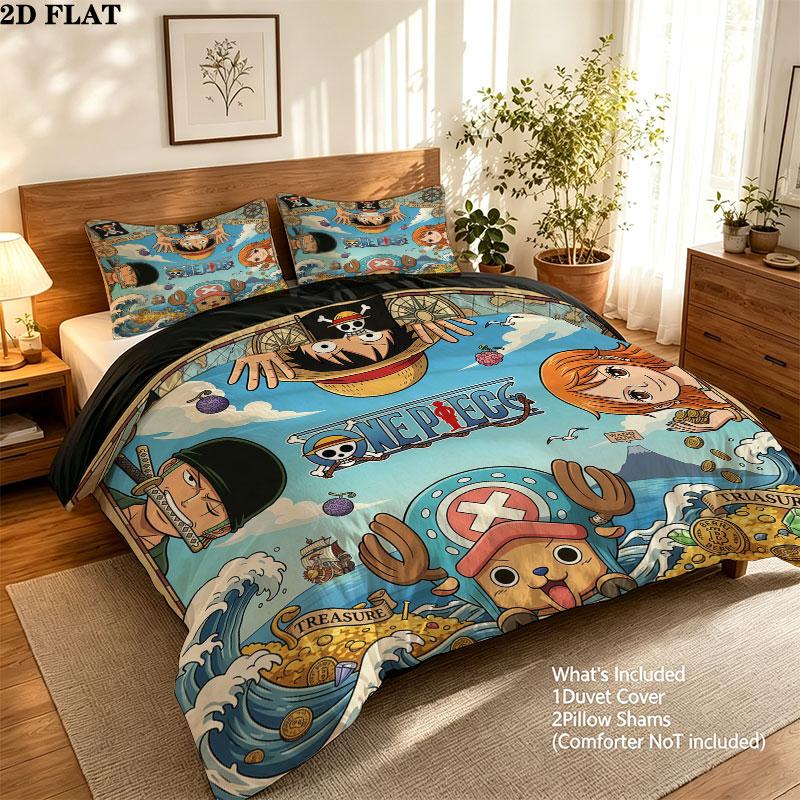 Pościel z nadrukiem One Piece Zestaw kołdry Poszewka na kołdrę Poszewka na poduszkę Domowy prezent urodzinowy(1 * poszwa na kołdrę + 2 * poszewki na poduszki, bez rdzenia)