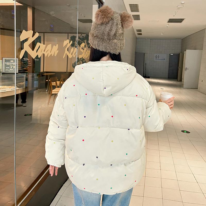 Gepunktete Daunen-Baumwolljacke Damen Winter Kurz Studenten Kleid Mit Kapuze Baumwollgepolsterte Jacke Niedliche Kleine Baumwollgepolsterte Jacke.
