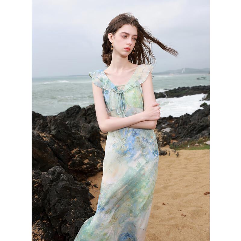 

Sancai 2025 Summer V-Neck Ruffle Chiffon Maxi Dress XL 170/92A