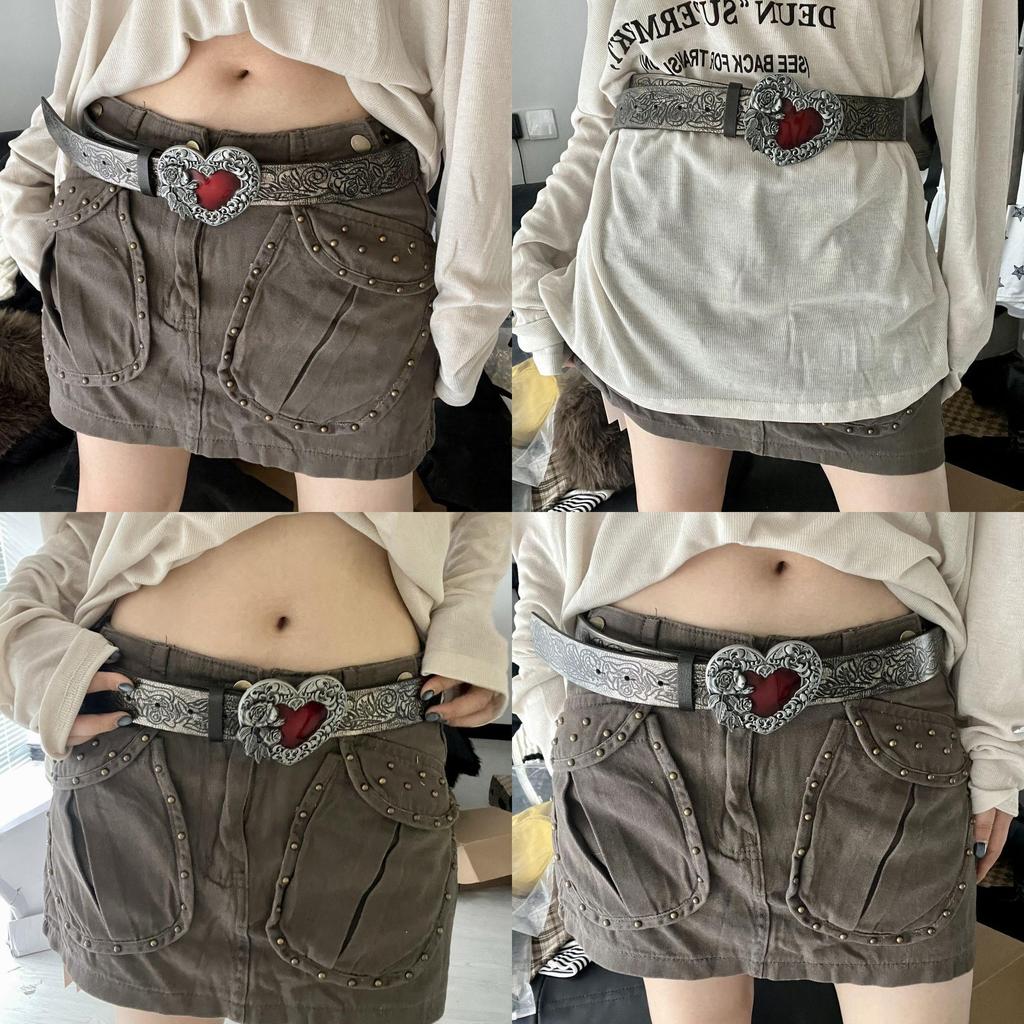 Ceinture Punk Style Rétro Cœur Gaufré Avec Boucle en Alliage Pour Passionnés de Mode Gothique Sombre