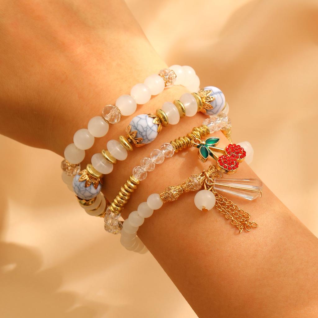2026 Creative Beaded Crystal Bracelet 4-piece Cherry Pendant Beaded Bohemian Style Bracelet Wholesale