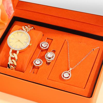 Lot de 5 bracelets de luxe personnalisés en or pour femmes avec montre à quartz en diamant, pendentif géométrique rond pour filles, collier, boucles d'oreilles, bague