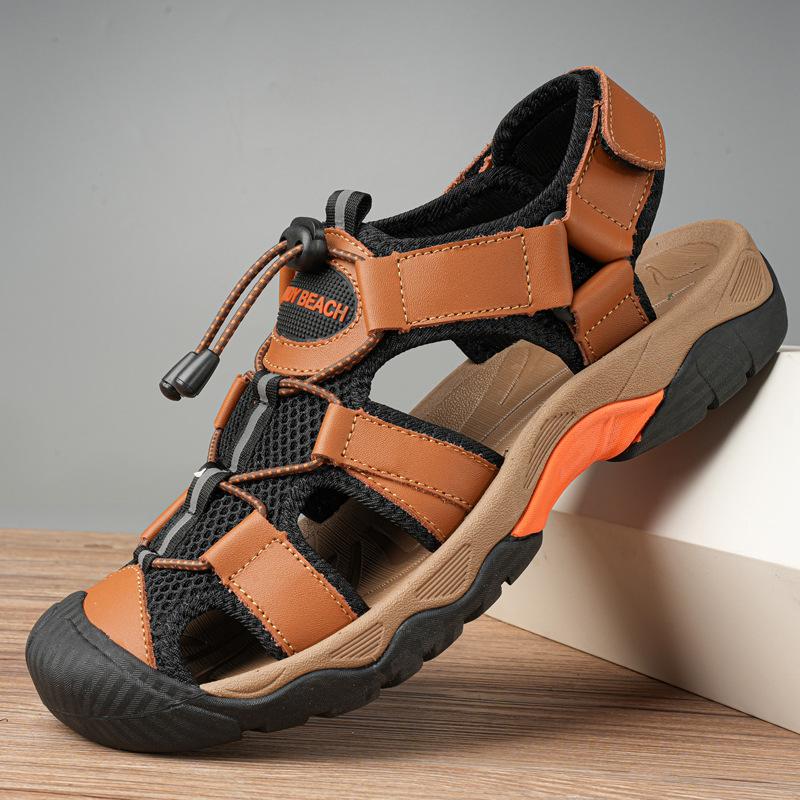 

Летние новые повседневные универсальные сандалии большого размера для улицы, кожаные дышащие, с закрытым носком, пляжные, для ходьбы по воде, мужская обувь 48 хаки