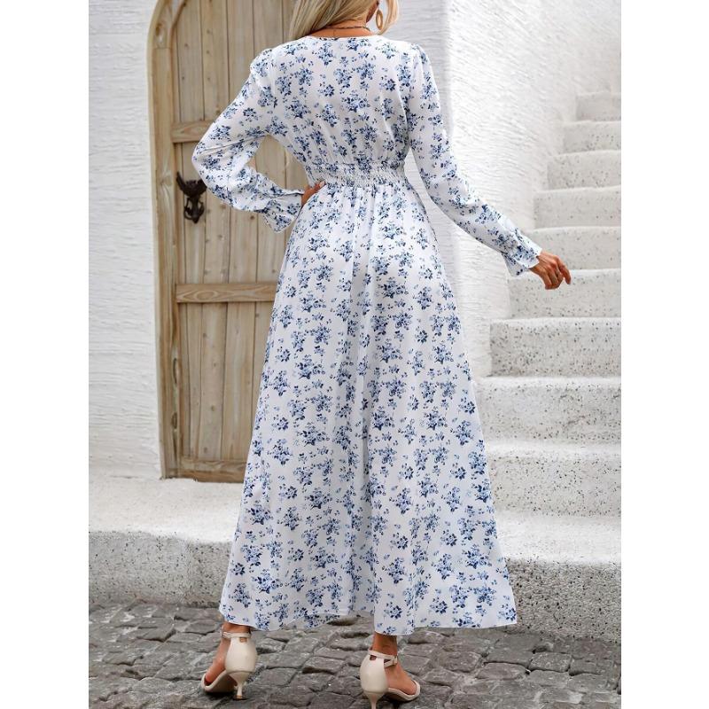 Fashion V-neck Long Sleeve Printed Loose Women Dress Spring Autumn Elegant A-line Party Long Versatile Dress Slim Fit Holiday Women's Clothing