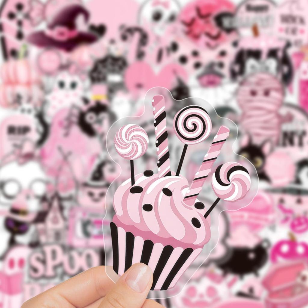 50 Cartoon Pink Halloween Stickers: Double-Sided, Waterproof Decoration for Journals & Water Bottles