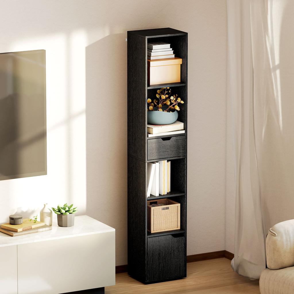 Bookcase, Storage Unit, Drawer, Cupboard, Open Compartments, 30 x 24 x 158 cm, Black