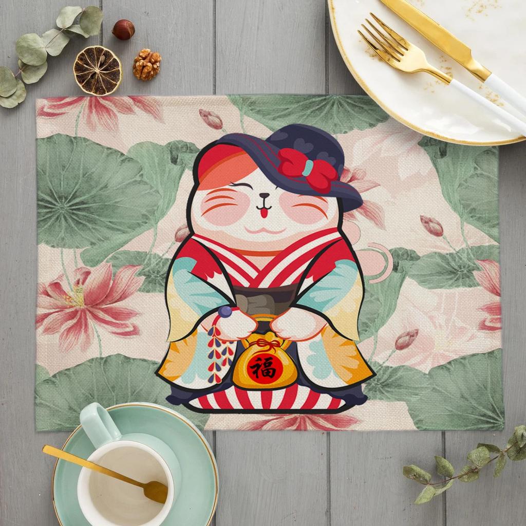 Unique Original Design Cute Plutus cat Placemat Japan Style Eat Udon noodles Table Mat Desktop Pad Cartoon cat Cup Coaster