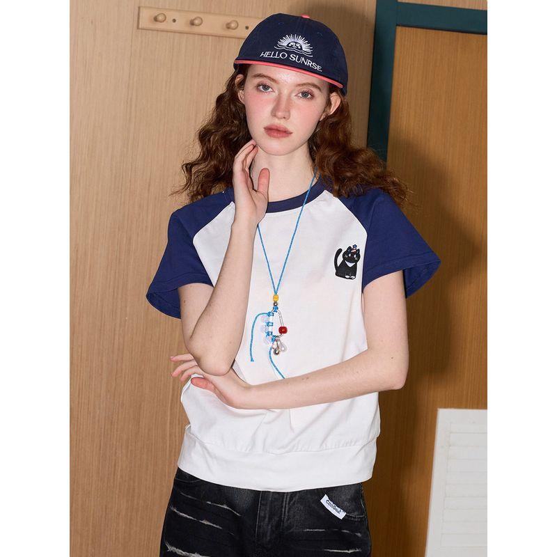 Coolhut Printed Raglan Sleeves Round Neck Color-Blocking Casual Preppy Style Short-Sleeved 2025 Summer Women's T-Shirt Slim Fit Pure Cotton