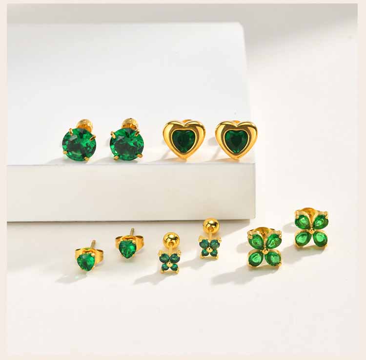 Heart Flower Emerald Green Zircon Stud Earrings Stainless Steel 18K PVD Gold Plated Tarnish Free Tiny Piercing Jewelry